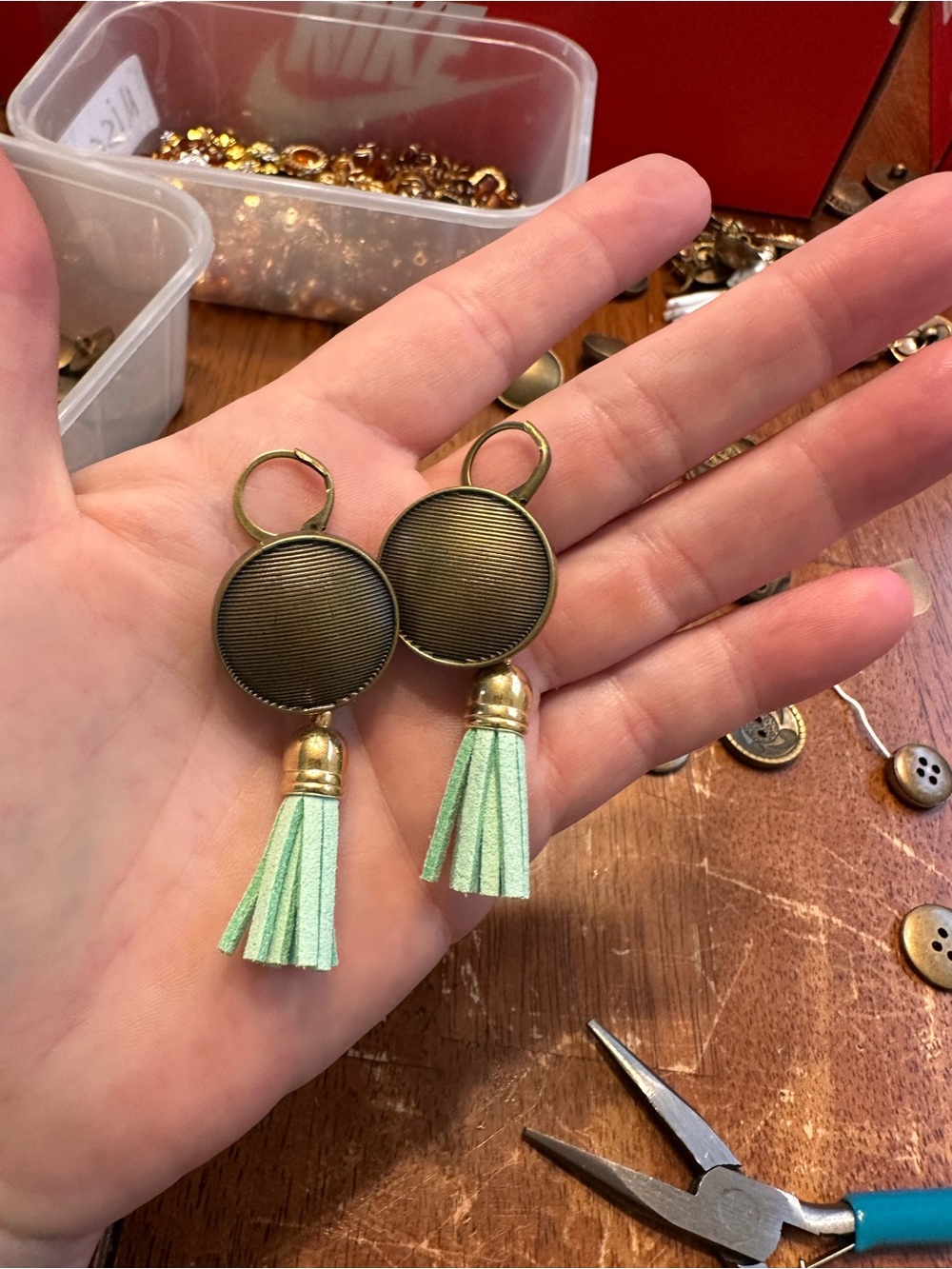 Gold-Tone Dangle Earrings with Mint Green Tassels